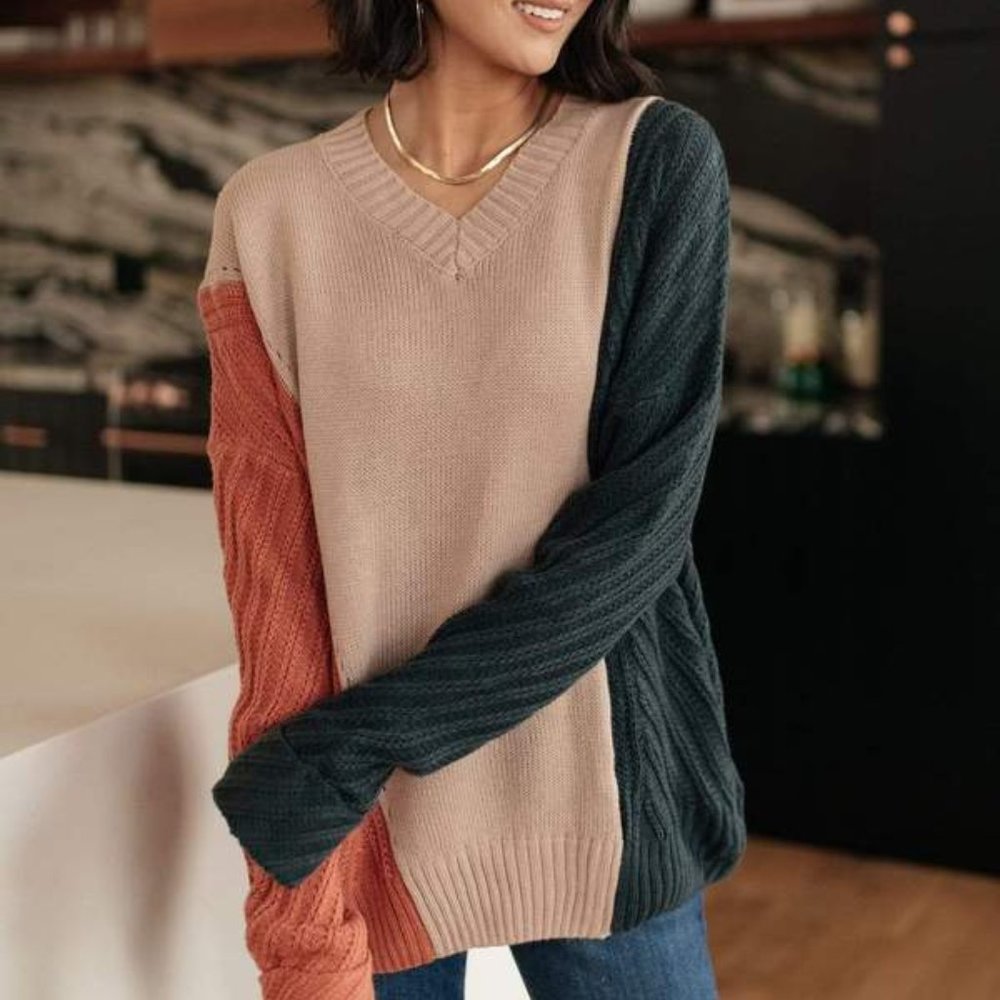 Women Top Sweater V-shaped Neckline Color Peach